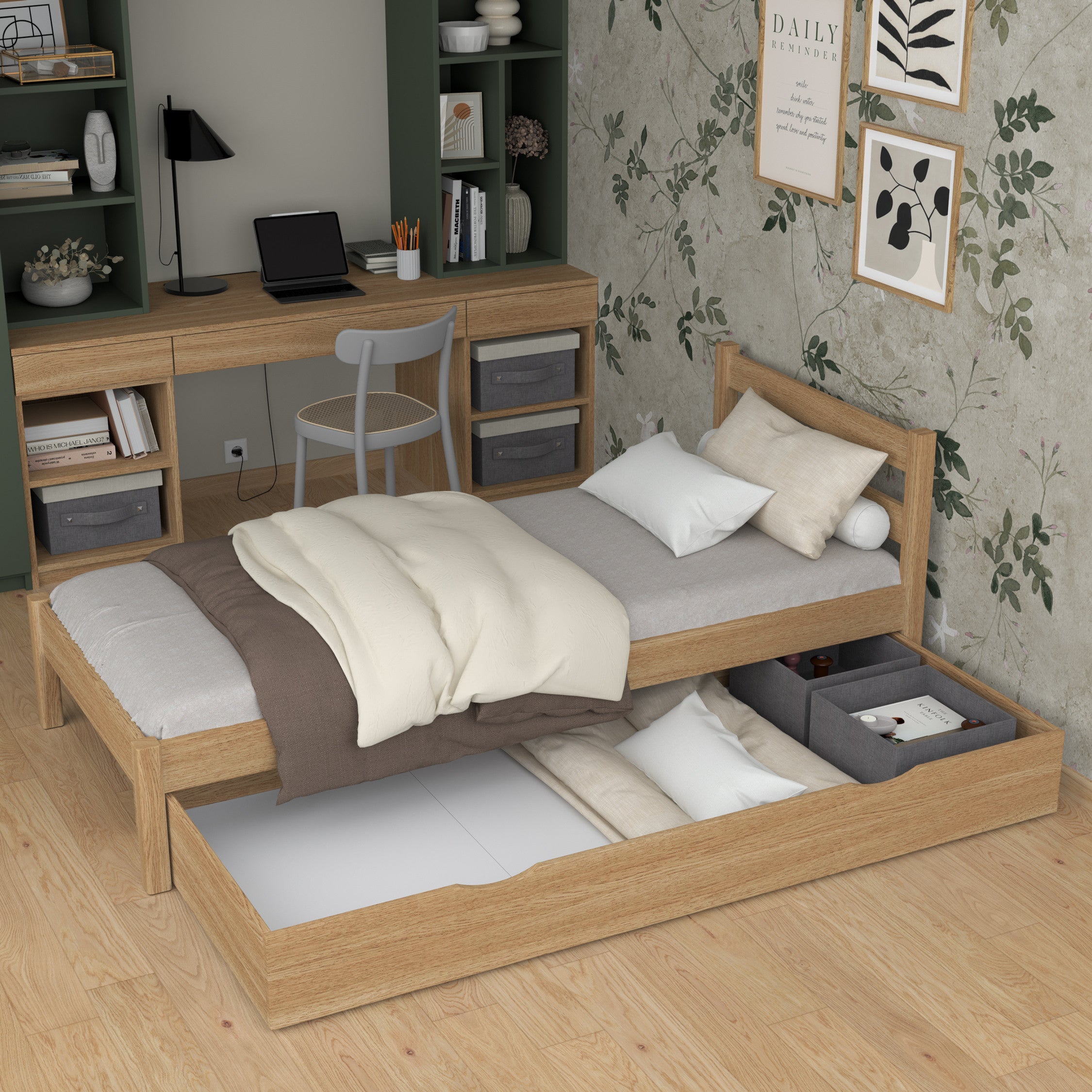 Łóżko pojedyncze z szufladą N01 dąb naturalny – widok z boku, solidna konstrukcja drewniana