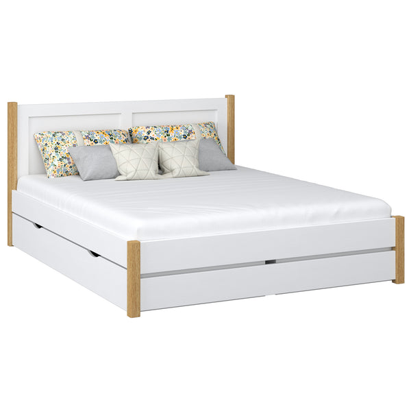 Wooden double bed with drawer N02 white / oak